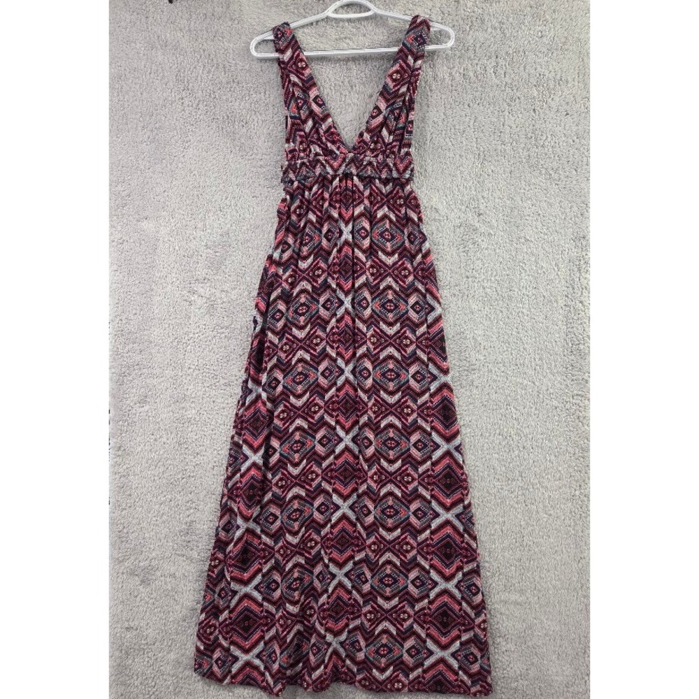 Forever 21 Maxi Dress Women Small Pink Geometric Tribal Print Boho V-Neck
